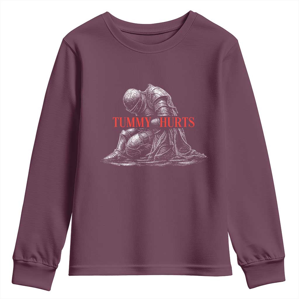 Funny Tummy Hurts Knight Graphic Youth Sweatshirt Warrior Medieval Sarcastic Dark Fantasy Slumped Renaissance Meme
