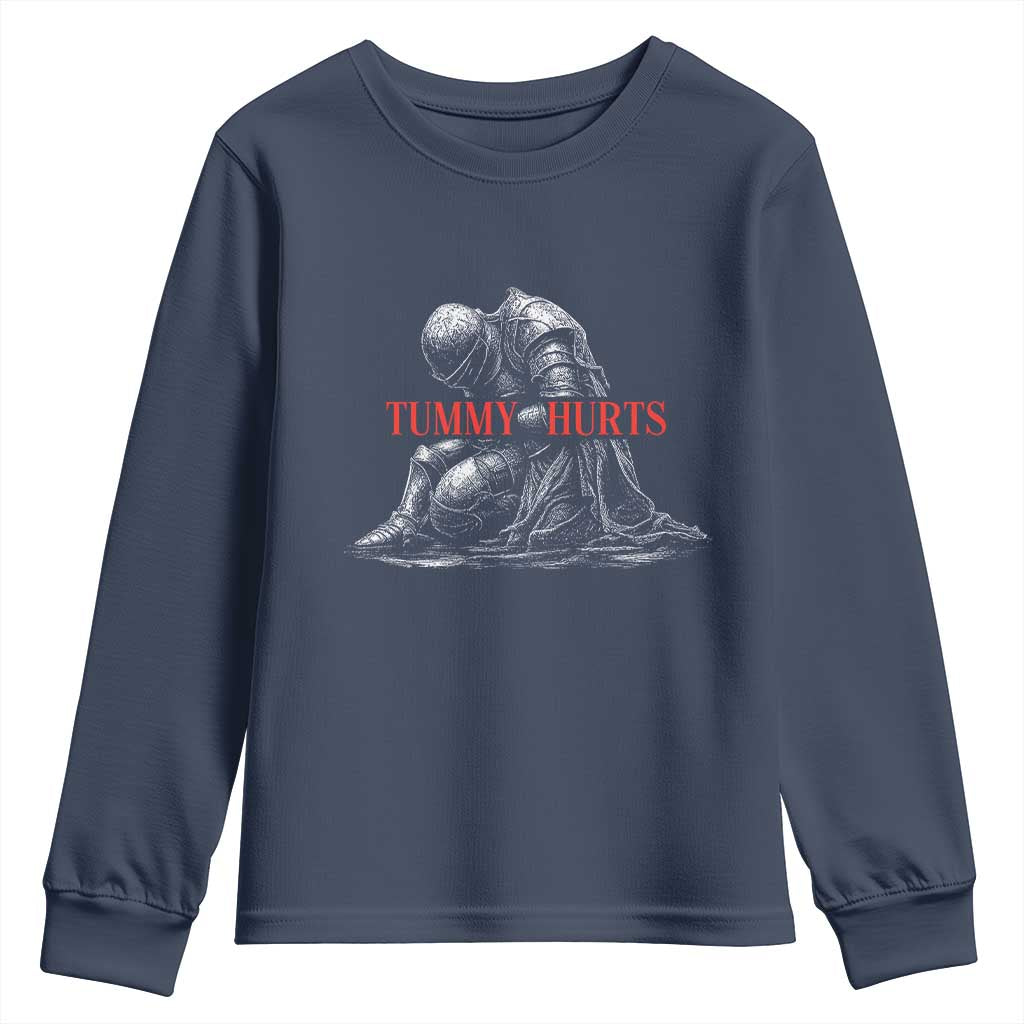 Funny Tummy Hurts Knight Graphic Youth Sweatshirt Warrior Medieval Sarcastic Dark Fantasy Slumped Renaissance Meme