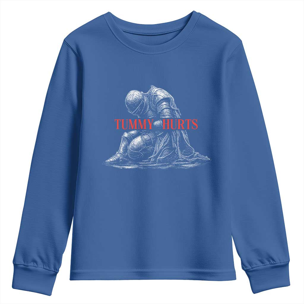 Funny Tummy Hurts Knight Graphic Youth Sweatshirt Warrior Medieval Sarcastic Dark Fantasy Slumped Renaissance Meme