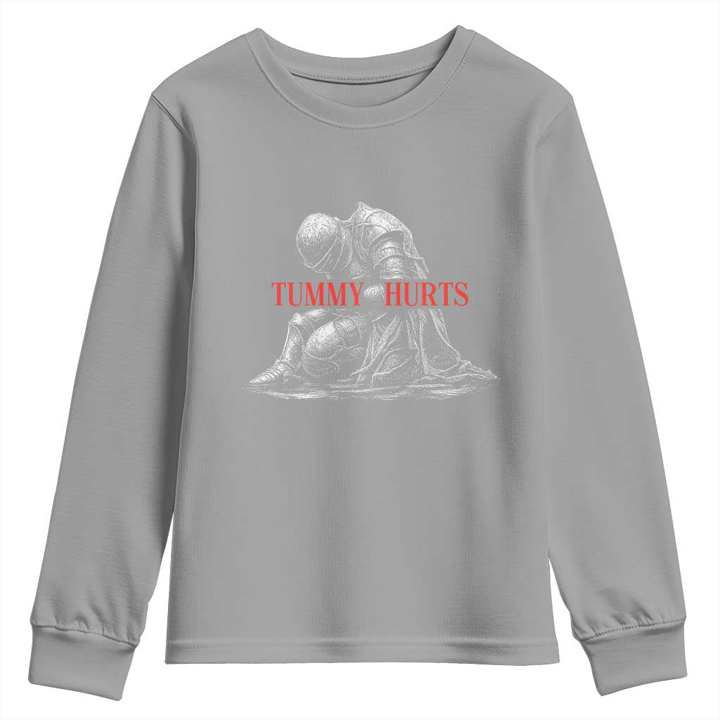 Funny Tummy Hurts Knight Graphic Youth Sweatshirt Warrior Medieval Sarcastic Dark Fantasy Slumped Renaissance Meme