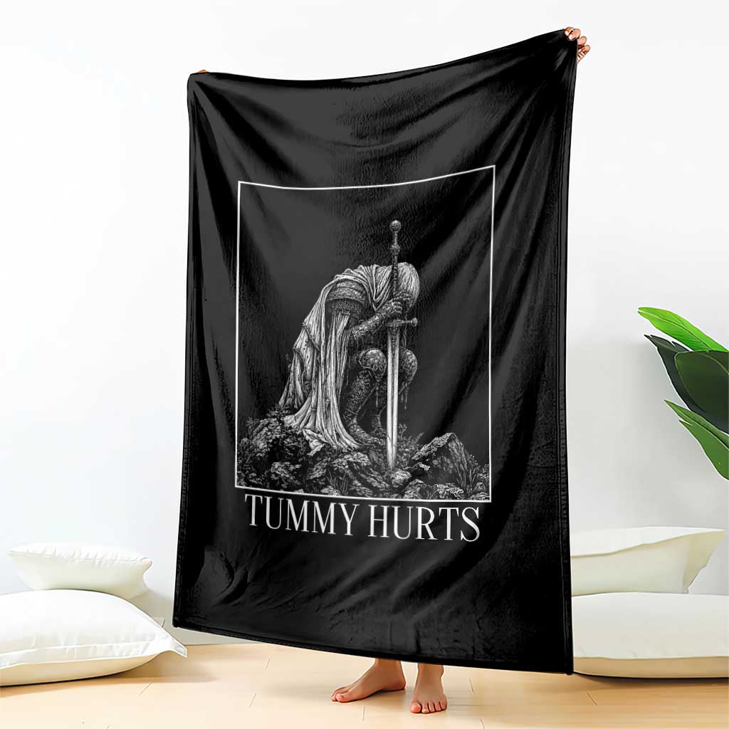Dramatic Tummy Hurts Kneeling Knight Graphic Throw Blanket Funny Medieval Sarcastic Renaissance Fantasy Meme