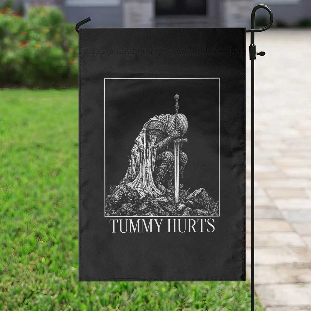 Dramatic Tummy Hurts Kneeling Knight Graphic Garden Flag Funny Medieval Sarcastic Renaissance Fantasy Meme
