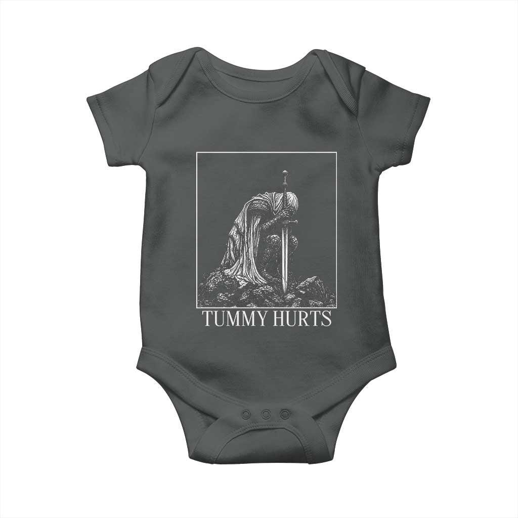 Dramatic Tummy Hurts Kneeling Knight Graphic Baby Onesie Funny Medieval Sarcastic Renaissance Fantasy Meme