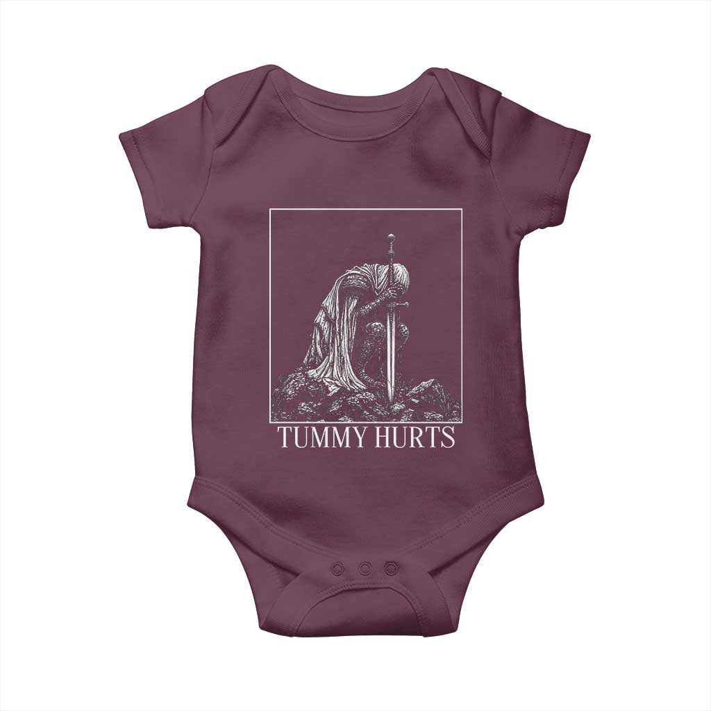 Dramatic Tummy Hurts Kneeling Knight Graphic Baby Onesie Funny Medieval Sarcastic Renaissance Fantasy Meme