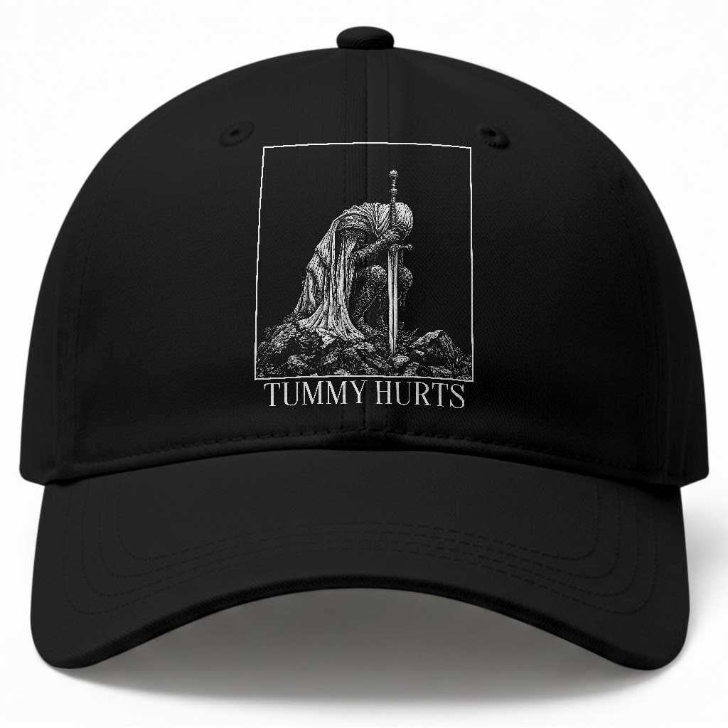 Dramatic Tummy Hurts Kneeling Knight Graphic Baseball Cap Funny Medieval Sarcastic Renaissance Fantasy Meme