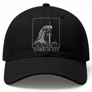 Dramatic Tummy Hurts Kneeling Knight Graphic Baseball Cap Funny Medieval Sarcastic Renaissance Fantasy Meme