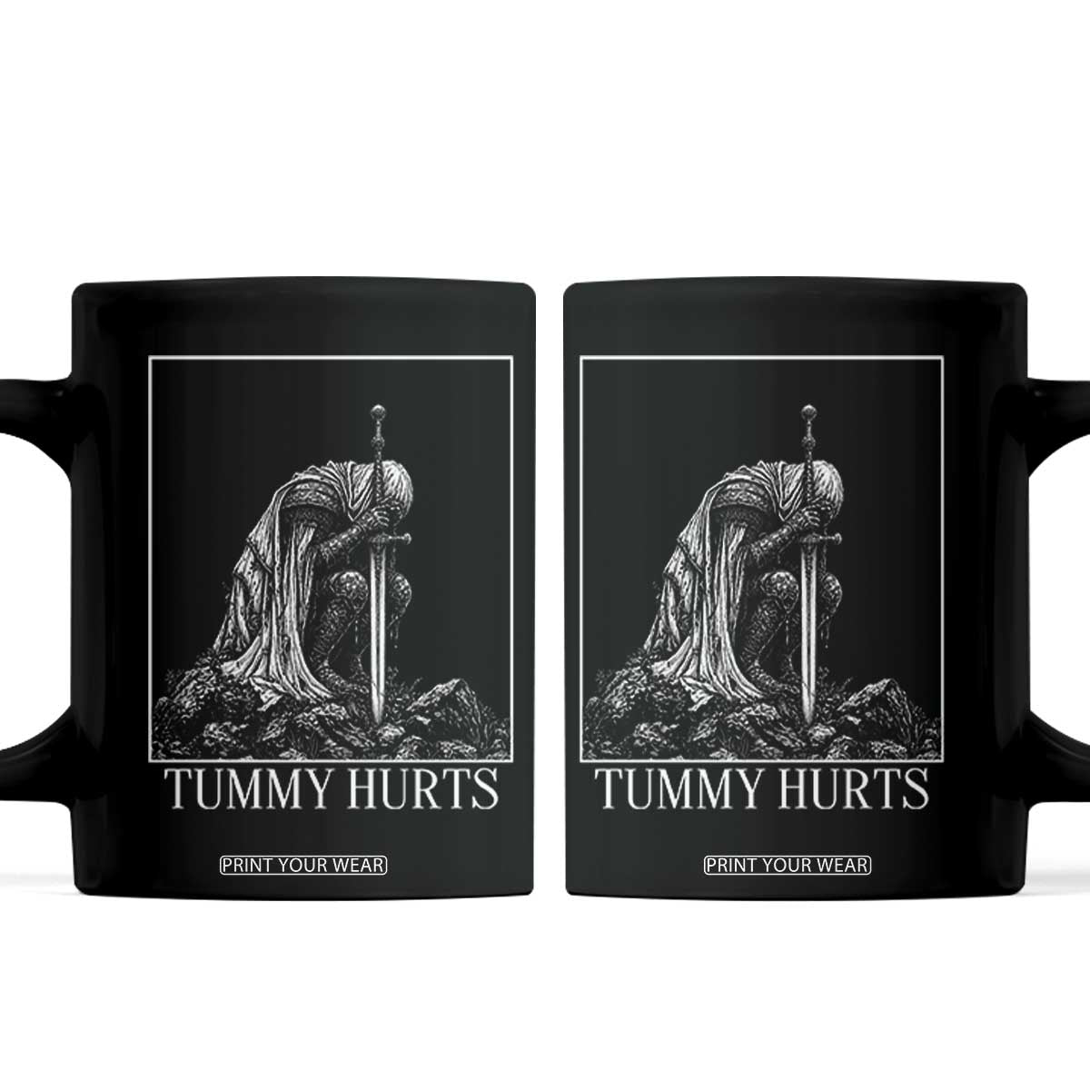 Dramatic Tummy Hurts Kneeling Knight Graphic Coffee Mug Funny Medieval Sarcastic Renaissance Fantasy Meme