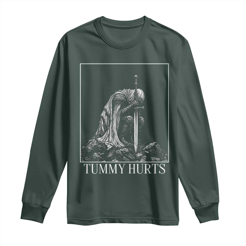 Dramatic Tummy Hurts Kneeling Knight Graphic Long Sleeve Shirt Funny Medieval Sarcastic Renaissance Fantasy Meme