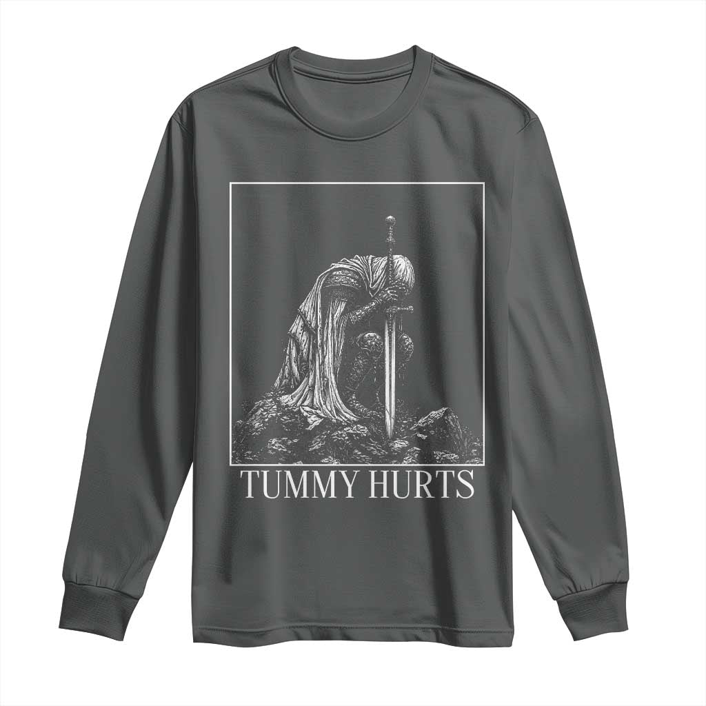 Dramatic Tummy Hurts Kneeling Knight Graphic Long Sleeve Shirt Funny Medieval Sarcastic Renaissance Fantasy Meme