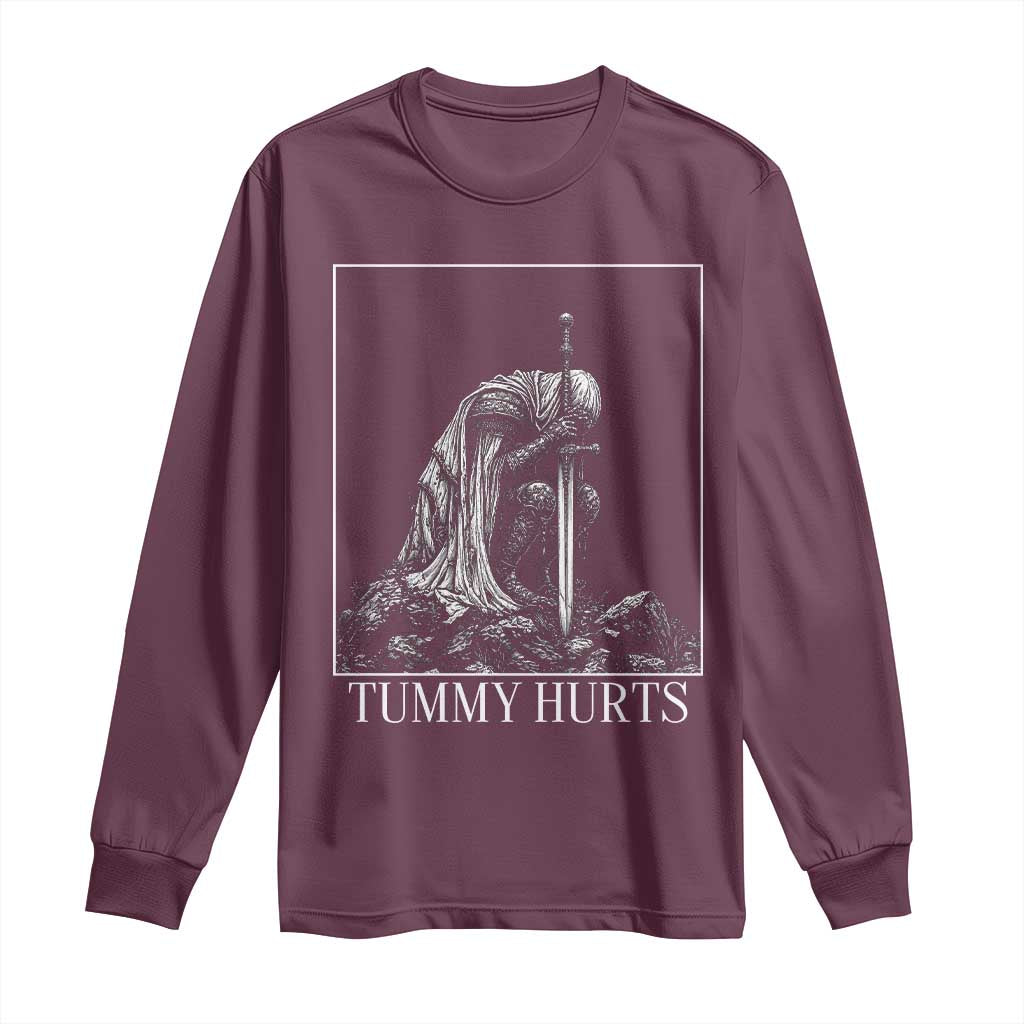 Dramatic Tummy Hurts Kneeling Knight Graphic Long Sleeve Shirt Funny Medieval Sarcastic Renaissance Fantasy Meme