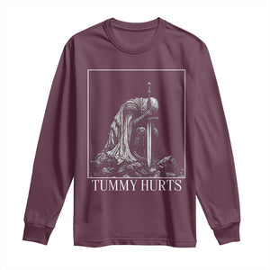 Dramatic Tummy Hurts Kneeling Knight Graphic Long Sleeve Shirt Funny Medieval Sarcastic Renaissance Fantasy Meme