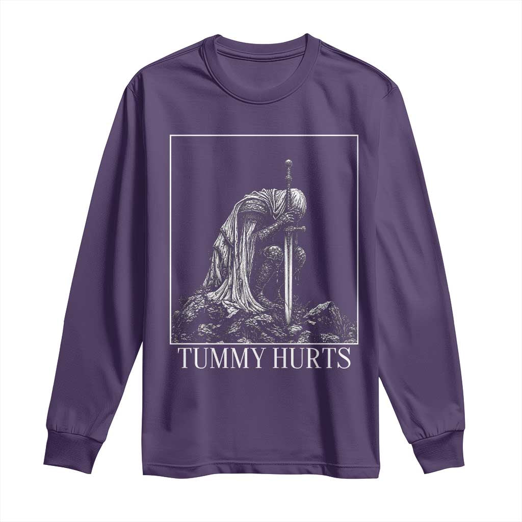 Dramatic Tummy Hurts Kneeling Knight Graphic Long Sleeve Shirt Funny Medieval Sarcastic Renaissance Fantasy Meme
