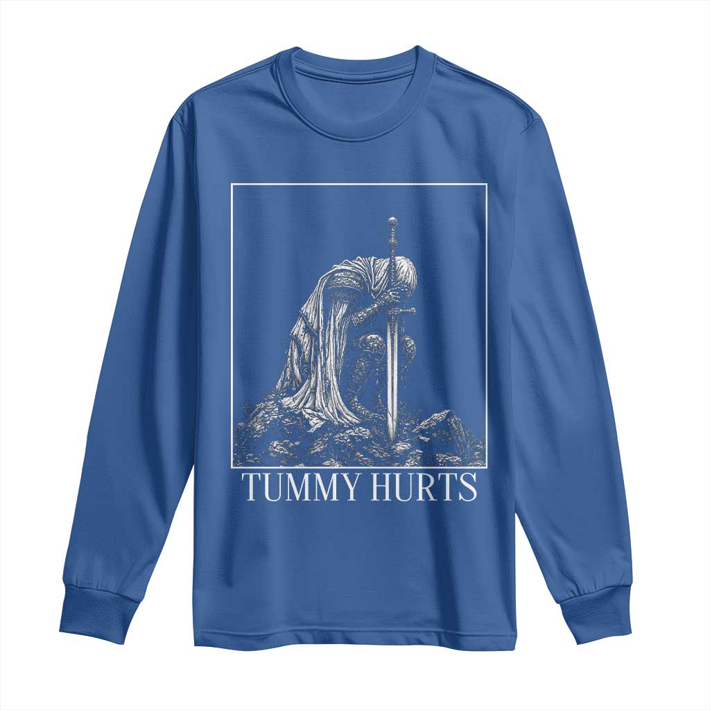Dramatic Tummy Hurts Kneeling Knight Graphic Long Sleeve Shirt Funny Medieval Sarcastic Renaissance Fantasy Meme