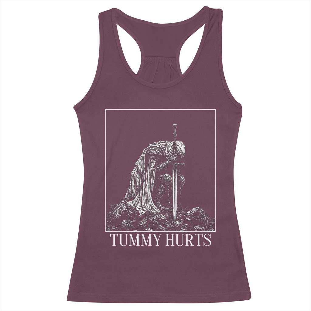 Dramatic Tummy Hurts Kneeling Knight Graphic Racerback Tank Top Funny Medieval Sarcastic Renaissance Fantasy Meme
