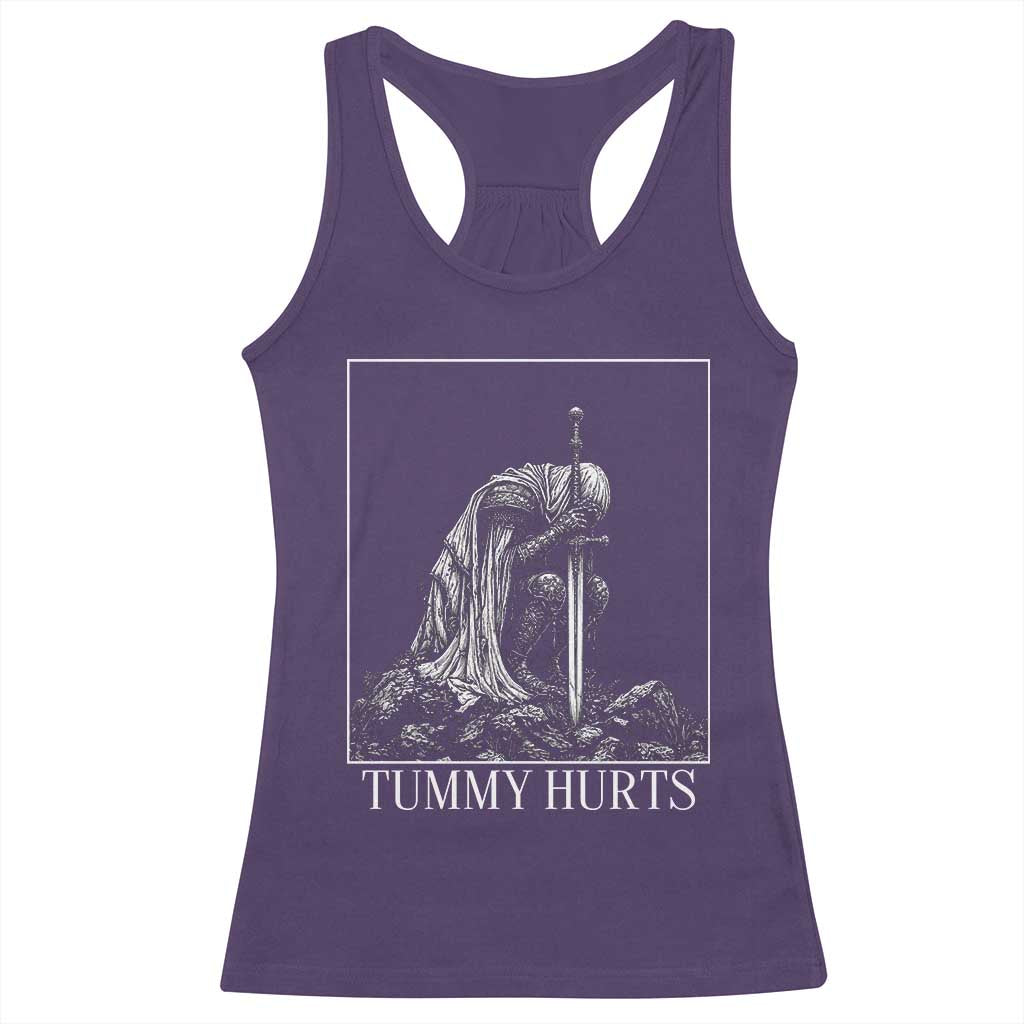 Dramatic Tummy Hurts Kneeling Knight Graphic Racerback Tank Top Funny Medieval Sarcastic Renaissance Fantasy Meme