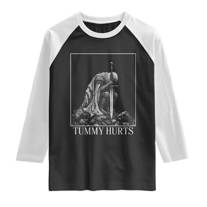 Dramatic Tummy Hurts Kneeling Knight Graphic Raglan Shirt Funny Medieval Sarcastic Renaissance Fantasy Meme
