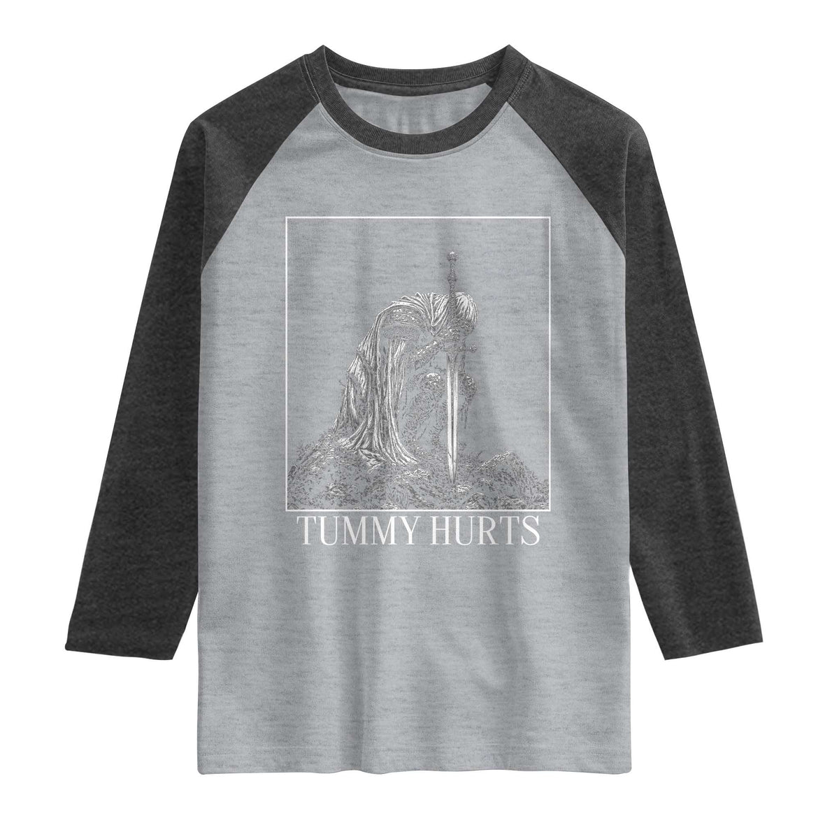 Dramatic Tummy Hurts Kneeling Knight Graphic Raglan Shirt Funny Medieval Sarcastic Renaissance Fantasy Meme