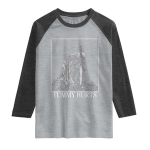 Dramatic Tummy Hurts Kneeling Knight Graphic Raglan Shirt Funny Medieval Sarcastic Renaissance Fantasy Meme