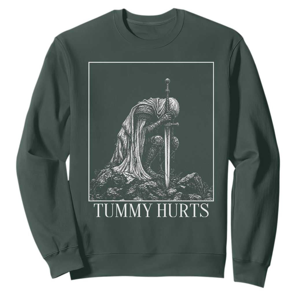 Dramatic Tummy Hurts Kneeling Knight Graphic Sweatshirt Funny Medieval Sarcastic Renaissance Fantasy Meme