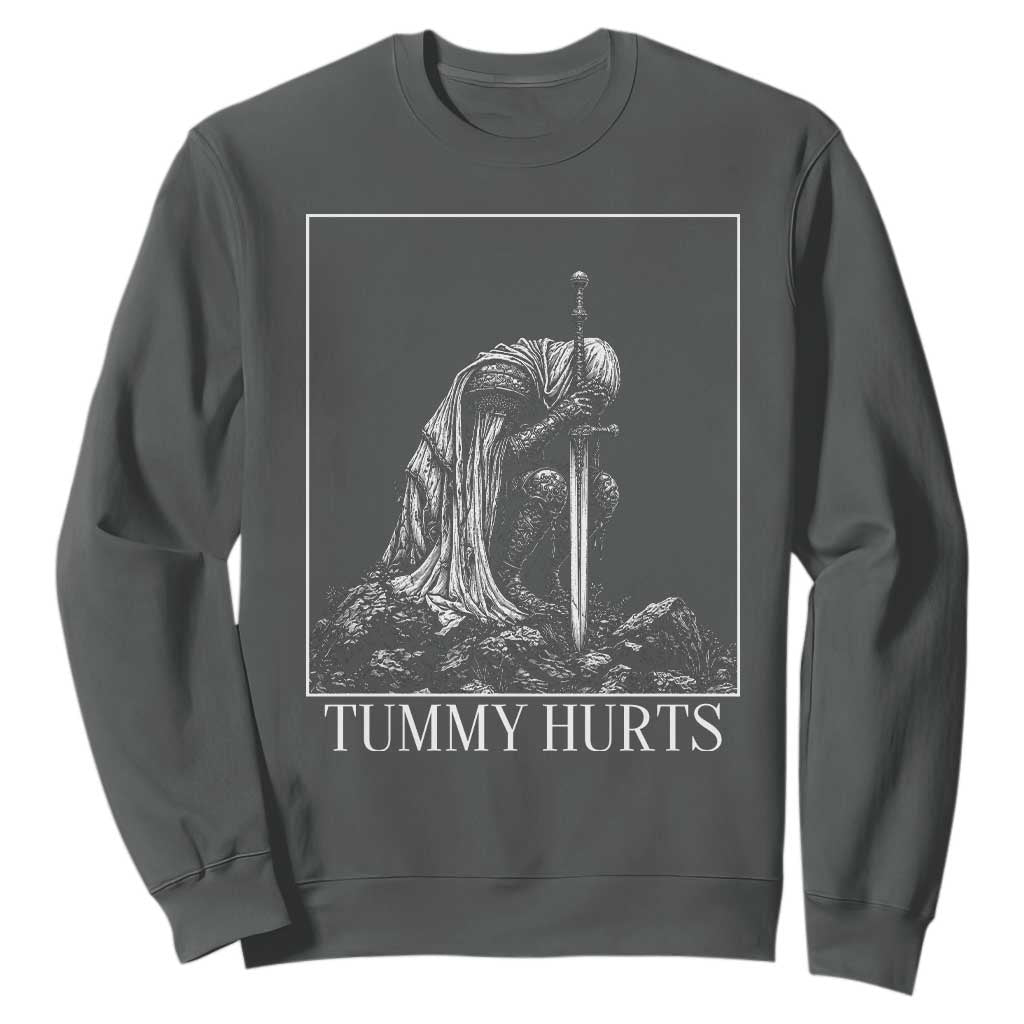 Dramatic Tummy Hurts Kneeling Knight Graphic Sweatshirt Funny Medieval Sarcastic Renaissance Fantasy Meme