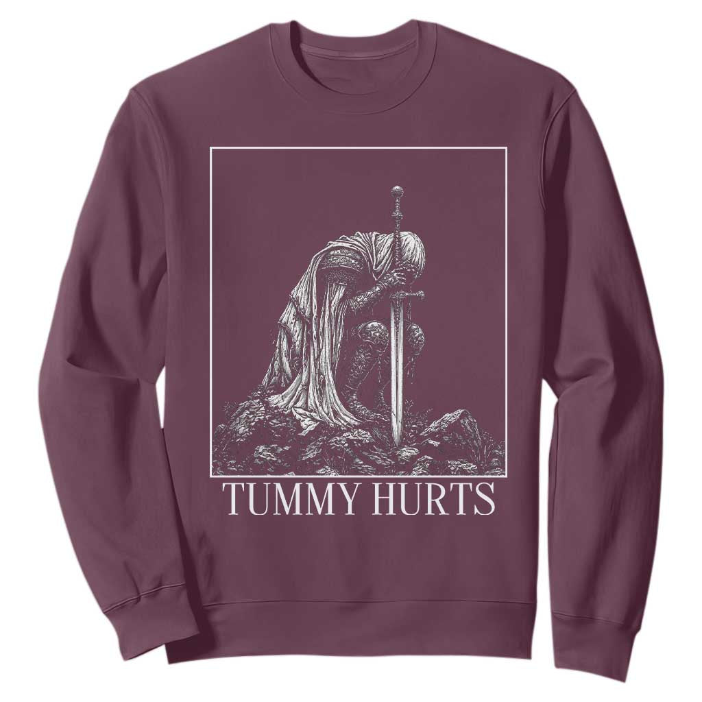 Dramatic Tummy Hurts Kneeling Knight Graphic Sweatshirt Funny Medieval Sarcastic Renaissance Fantasy Meme