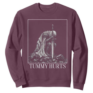 Dramatic Tummy Hurts Kneeling Knight Graphic Sweatshirt Funny Medieval Sarcastic Renaissance Fantasy Meme