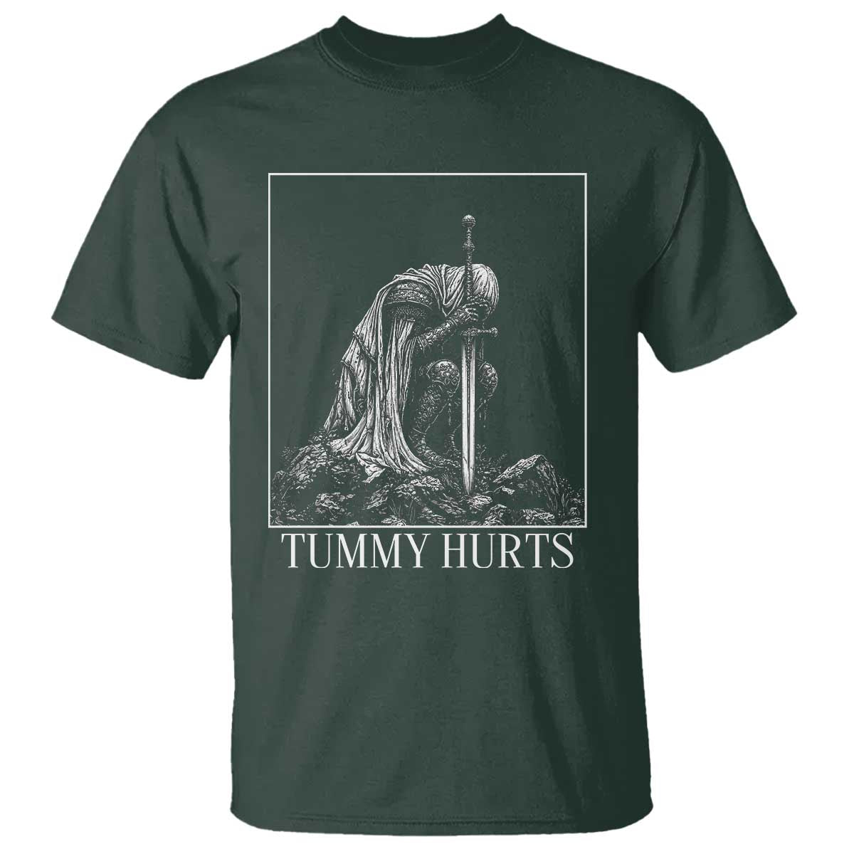 Dramatic Tummy Hurts Kneeling Knight Graphic T Shirt Funny Medieval Sarcastic Renaissance Fantasy Meme