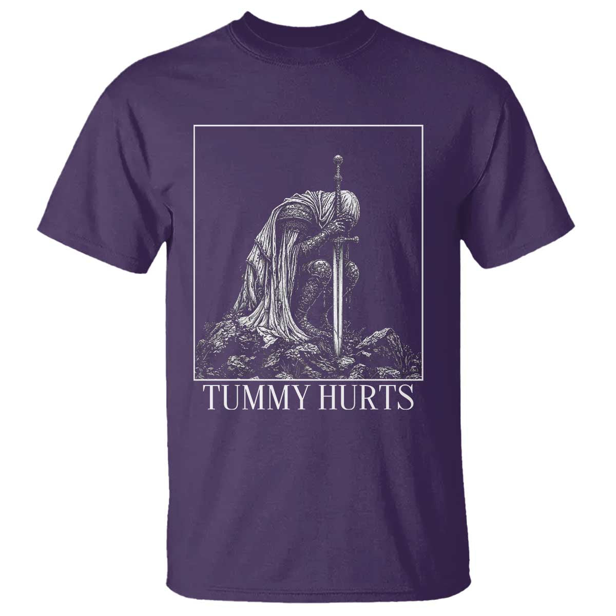 Dramatic Tummy Hurts Kneeling Knight Graphic T Shirt Funny Medieval Sarcastic Renaissance Fantasy Meme