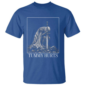 Dramatic Tummy Hurts Kneeling Knight Graphic T Shirt Funny Medieval Sarcastic Renaissance Fantasy Meme