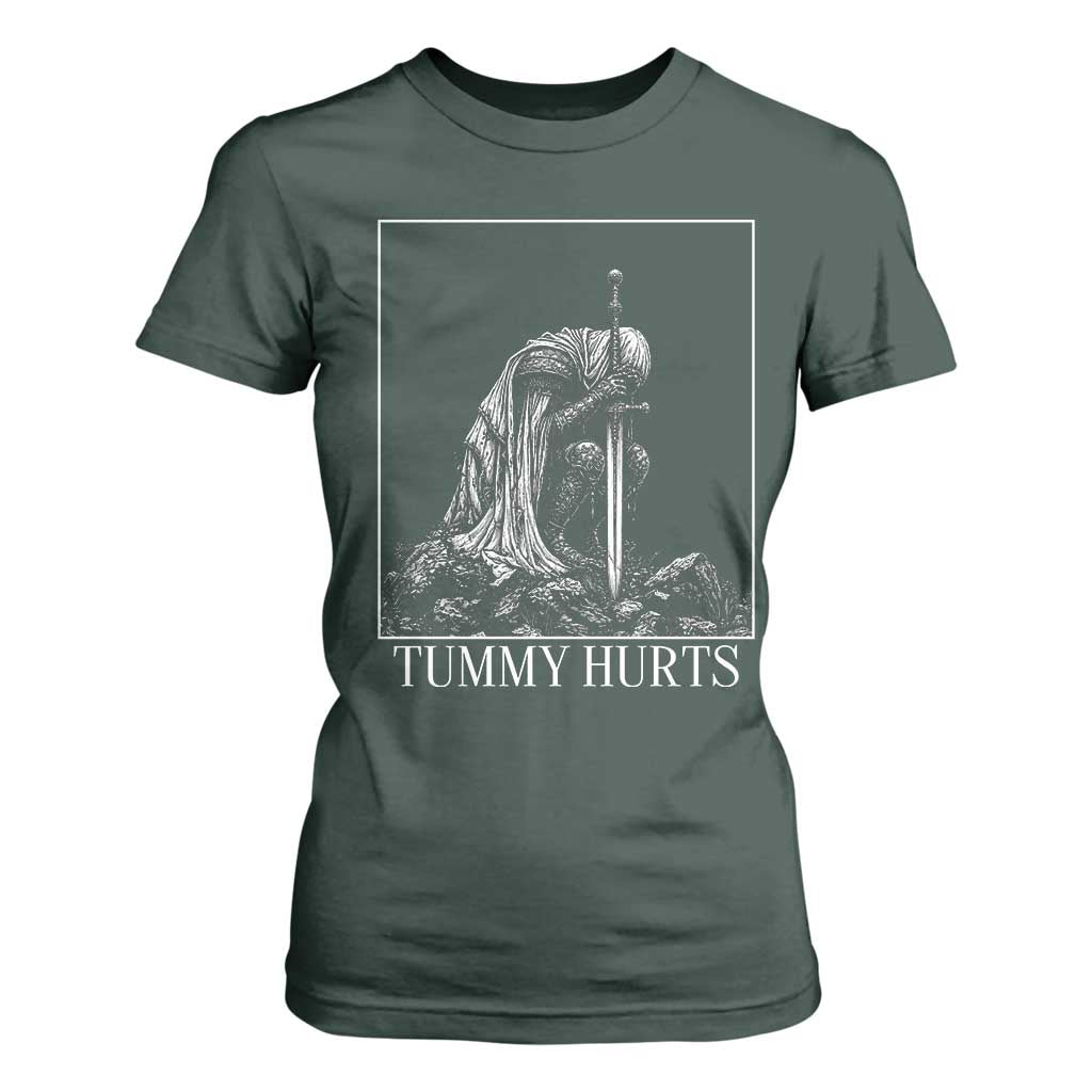 Dramatic Tummy Hurts Kneeling Knight Graphic T Shirt For Women Funny Medieval Sarcastic Renaissance Fantasy Meme