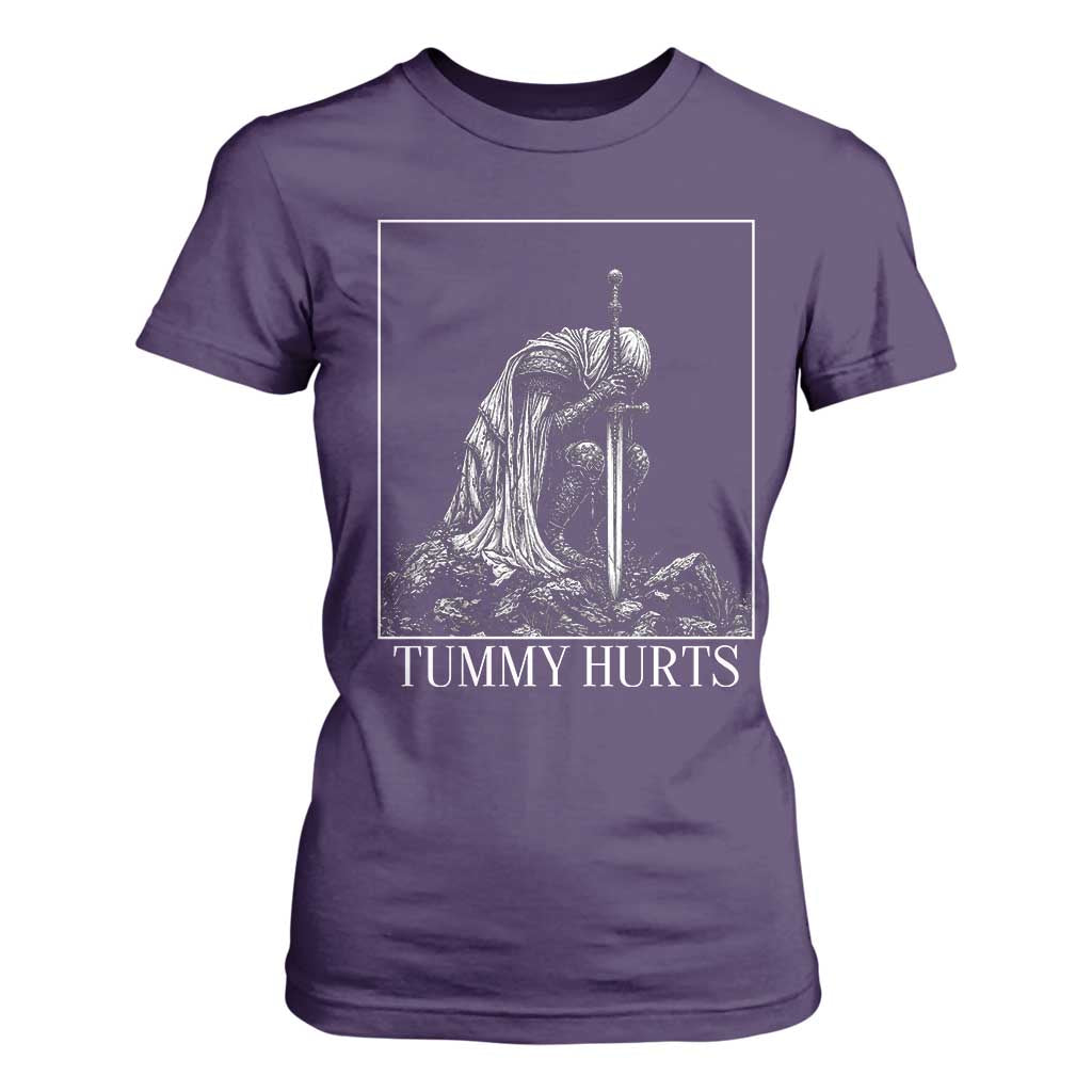 Dramatic Tummy Hurts Kneeling Knight Graphic T Shirt For Women Funny Medieval Sarcastic Renaissance Fantasy Meme