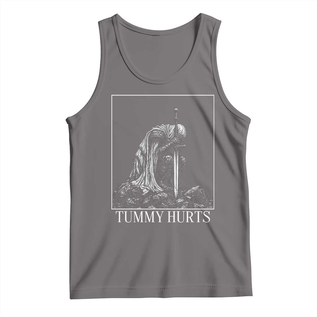 Dramatic Tummy Hurts Kneeling Knight Graphic Tank Top Funny Medieval Sarcastic Renaissance Fantasy Meme