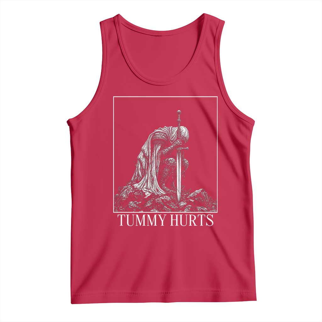 Dramatic Tummy Hurts Kneeling Knight Graphic Tank Top Funny Medieval Sarcastic Renaissance Fantasy Meme