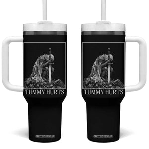 Dramatic Tummy Hurts Kneeling Knight Graphic Tumbler With Handle Funny Medieval Sarcastic Renaissance Fantasy Meme