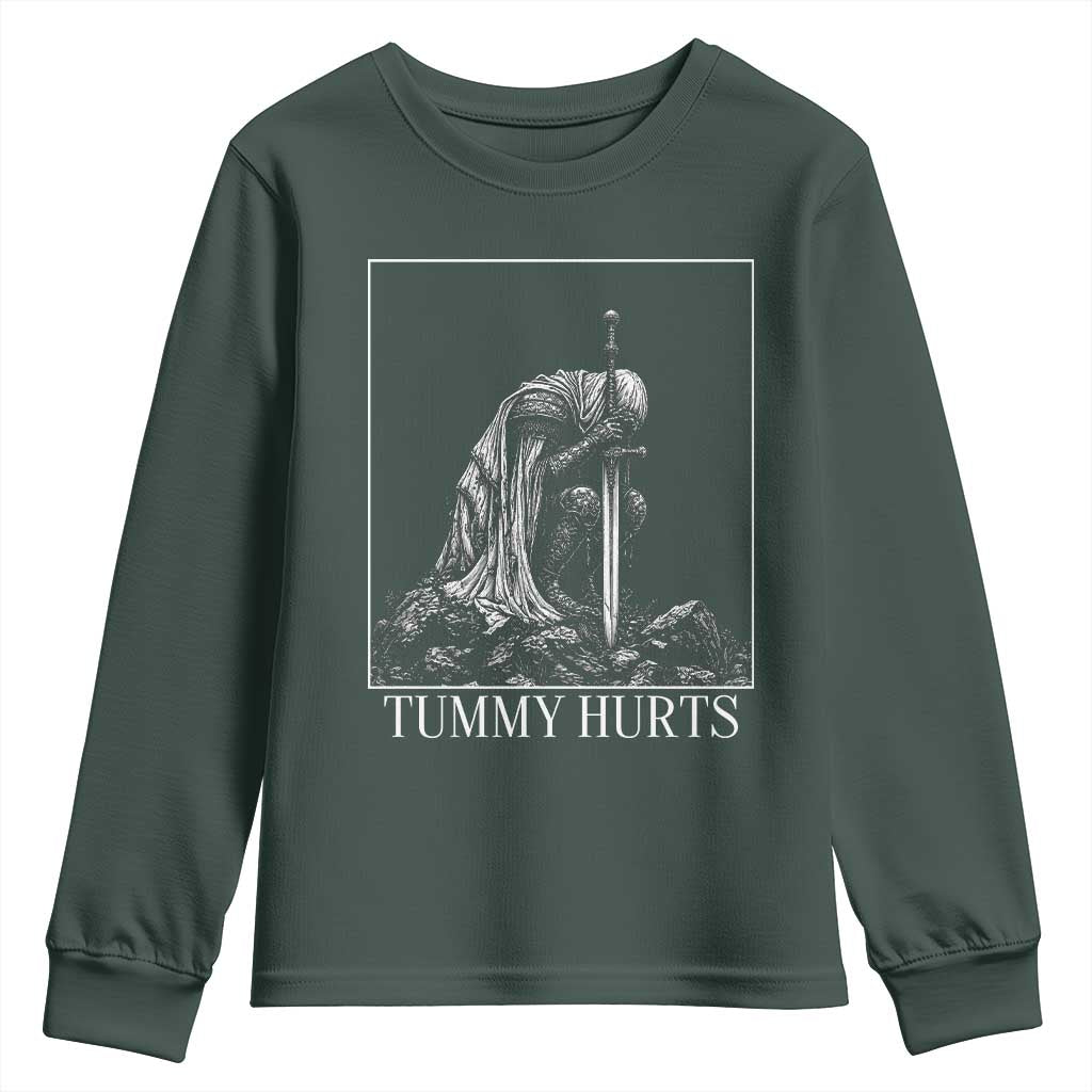 Dramatic Tummy Hurts Kneeling Knight Graphic Youth Sweatshirt Funny Medieval Sarcastic Renaissance Fantasy Meme
