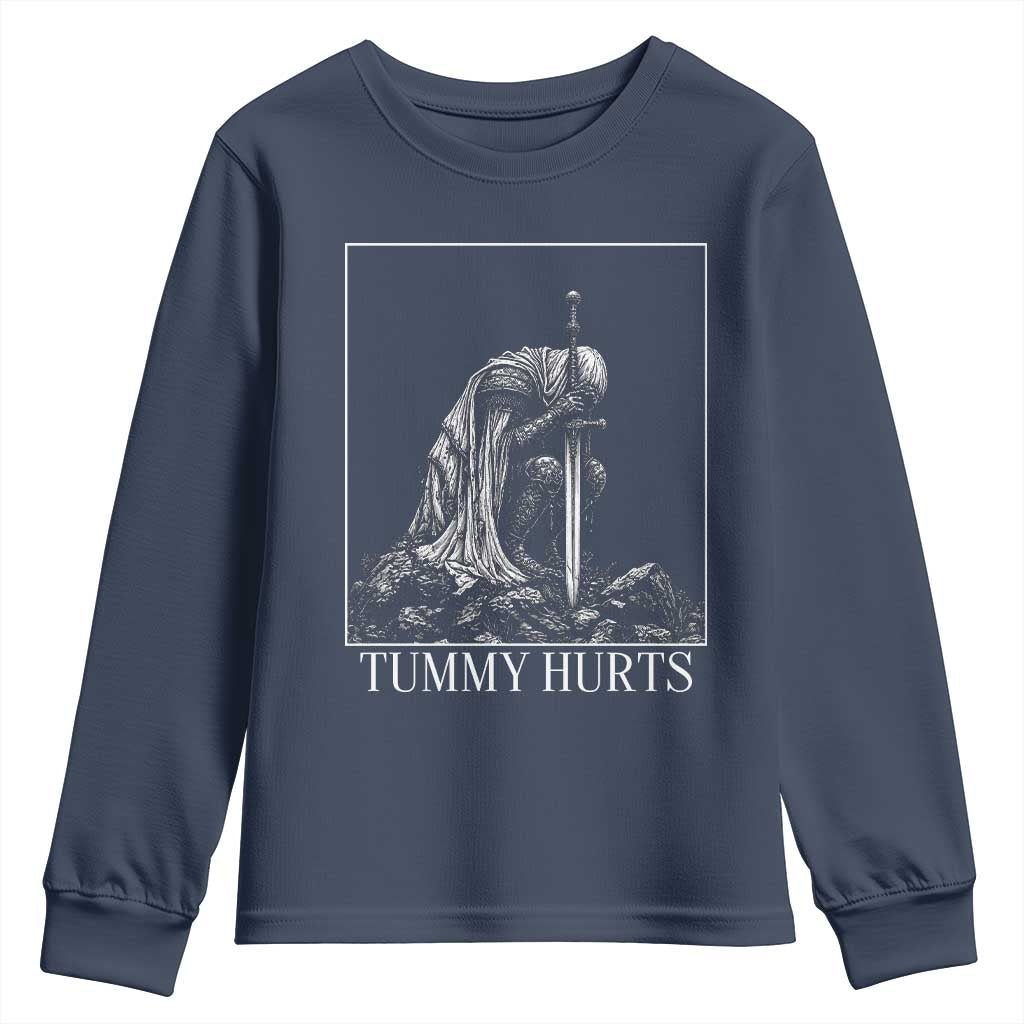 Dramatic Tummy Hurts Kneeling Knight Graphic Youth Sweatshirt Funny Medieval Sarcastic Renaissance Fantasy Meme