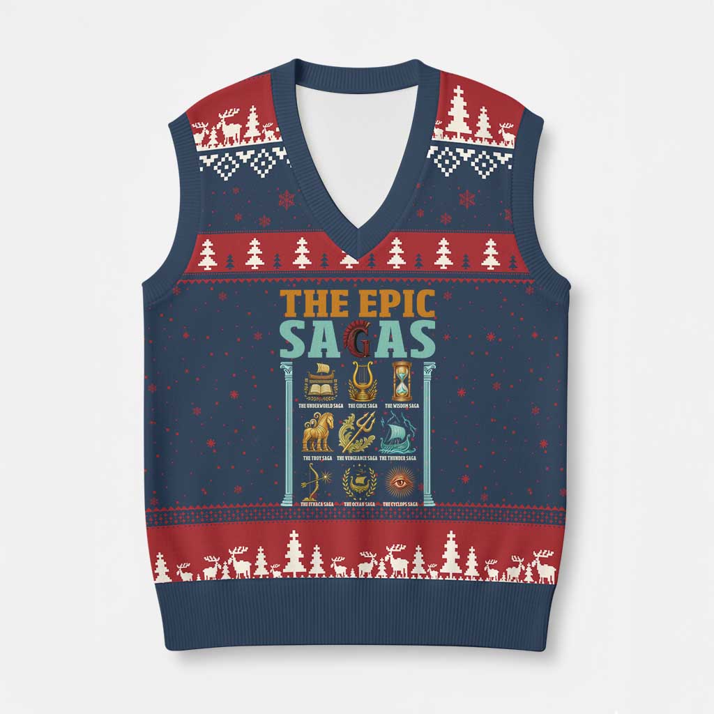 The Epic Sagas Ancient Greek Mythology Graphic V-Neck Knit Sweater Vest Odysseus Journey Odyssey History Lover Gift TS02 Navy Red Print Your Wear