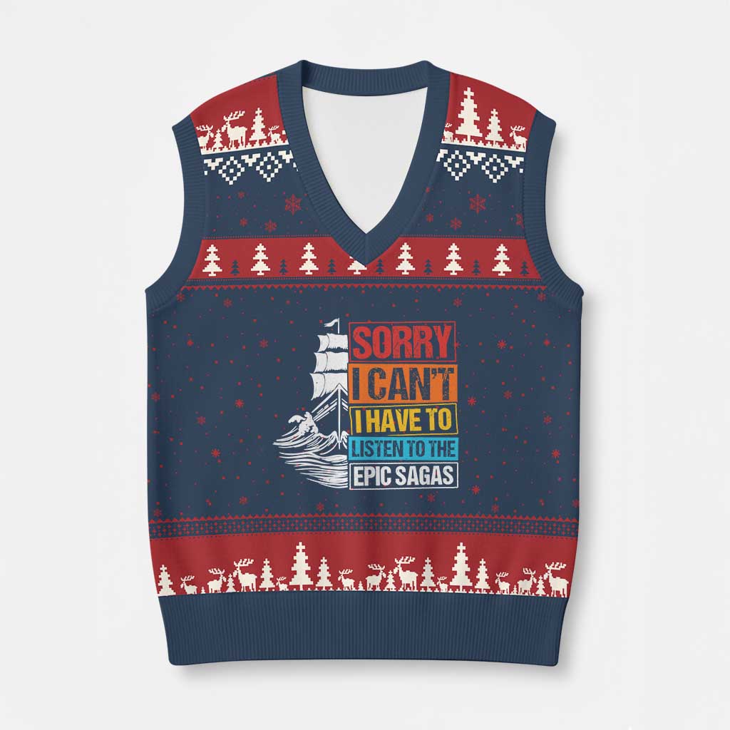 I Have To Listen To The Epic Sagas Odysseus Ship Retro V-Neck Knit Sweater Vest Funny Odyssey Greek Mythology Lover TS02 Navy Red Print Your Wear