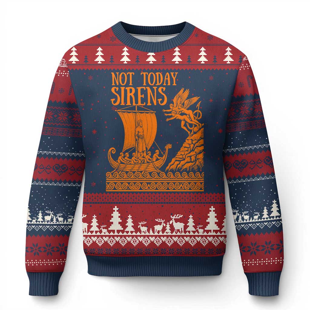 Not Today Sirens Funny Odysseus Journey Parody Ugly Christmas Sweater Greek Mythology Epic Odyssey History Lover Gift TS02 Navy Red Print Your Wear