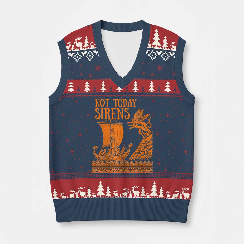 Not Today Sirens Funny Odysseus Journey Parody V-Neck Knit Sweater Vest Greek Mythology Epic Odyssey History Lover Gift TS02 Navy Red Print Your Wear