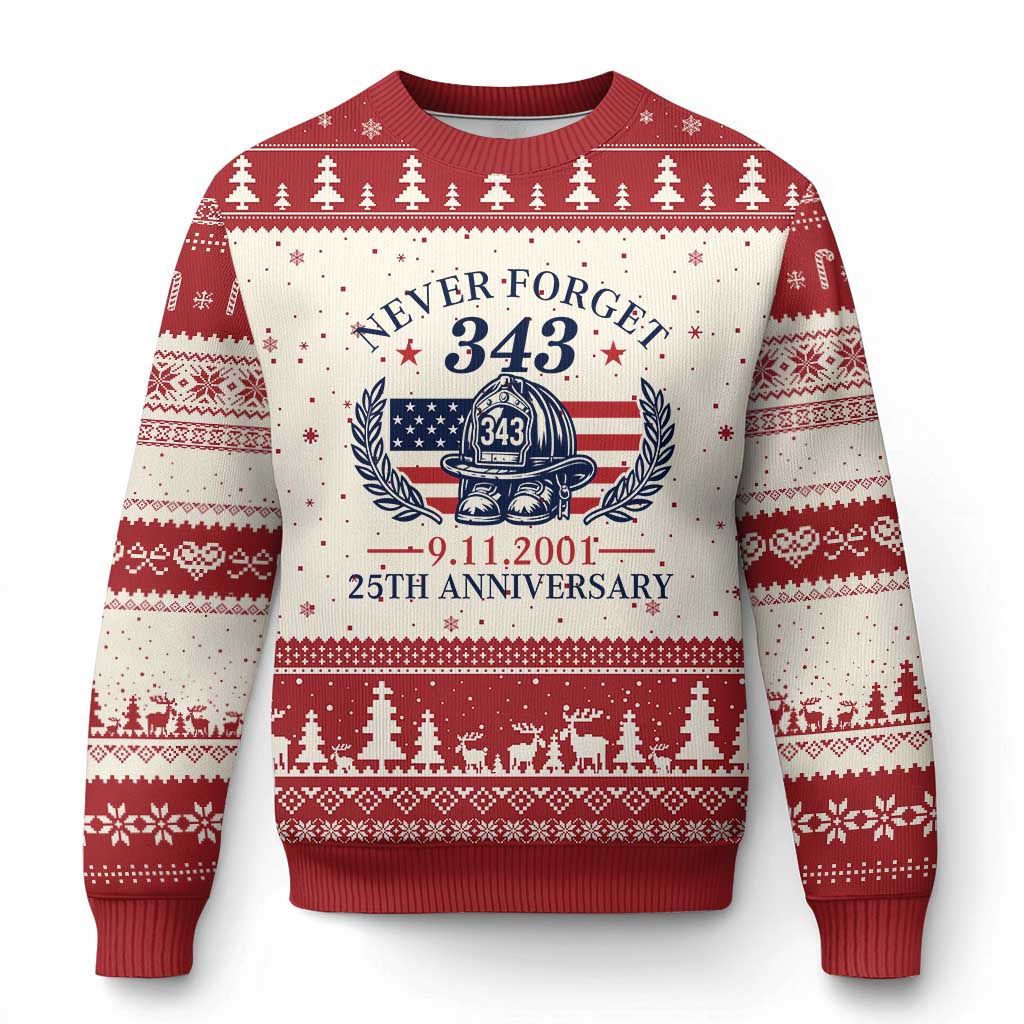 Firefighter Memorial Never Forget 343 Ugly Christmas Sweater 25th Anniversary Patriotic Honor 9 11 Tribute TS02 Beige Red Print Your Wear