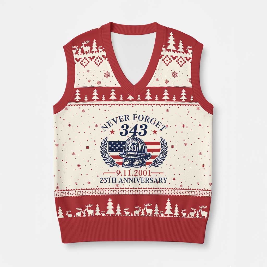 Firefighter Memorial Never Forget 343 V-Neck Knit Sweater Vest 25th Anniversary Patriotic Honor 9 11 Tribute TS02 Beige Red Print Your Wear