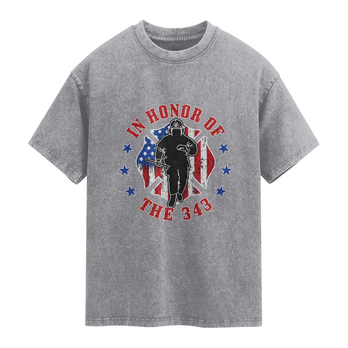 Firefighter Memorial In Honor Of The 343 Maltese Cross Graphic Washed Cotton T-Shirt Patriotic 9 11 Memorial Tribute