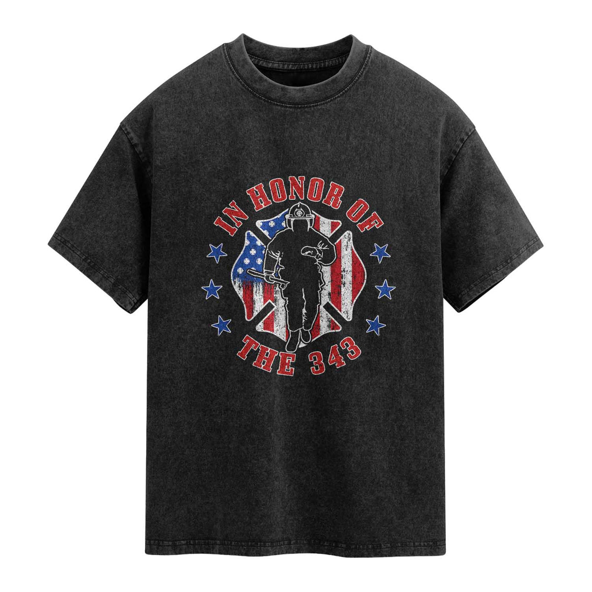 Firefighter Memorial In Honor Of The 343 Maltese Cross Graphic Washed Cotton T-Shirt Patriotic 9 11 Memorial Tribute