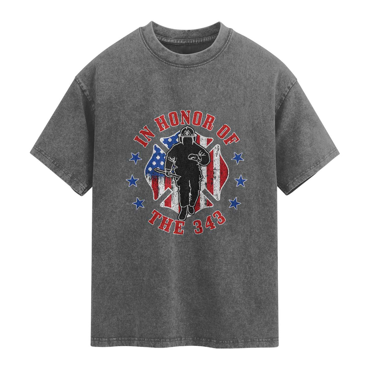 Firefighter Memorial In Honor Of The 343 Maltese Cross Graphic Washed Cotton T-Shirt Patriotic 9 11 Memorial Tribute
