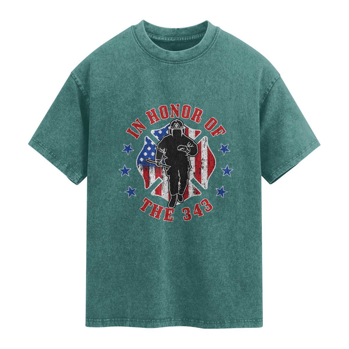 Firefighter Memorial In Honor Of The 343 Maltese Cross Graphic Washed Cotton T-Shirt Patriotic 9 11 Memorial Tribute