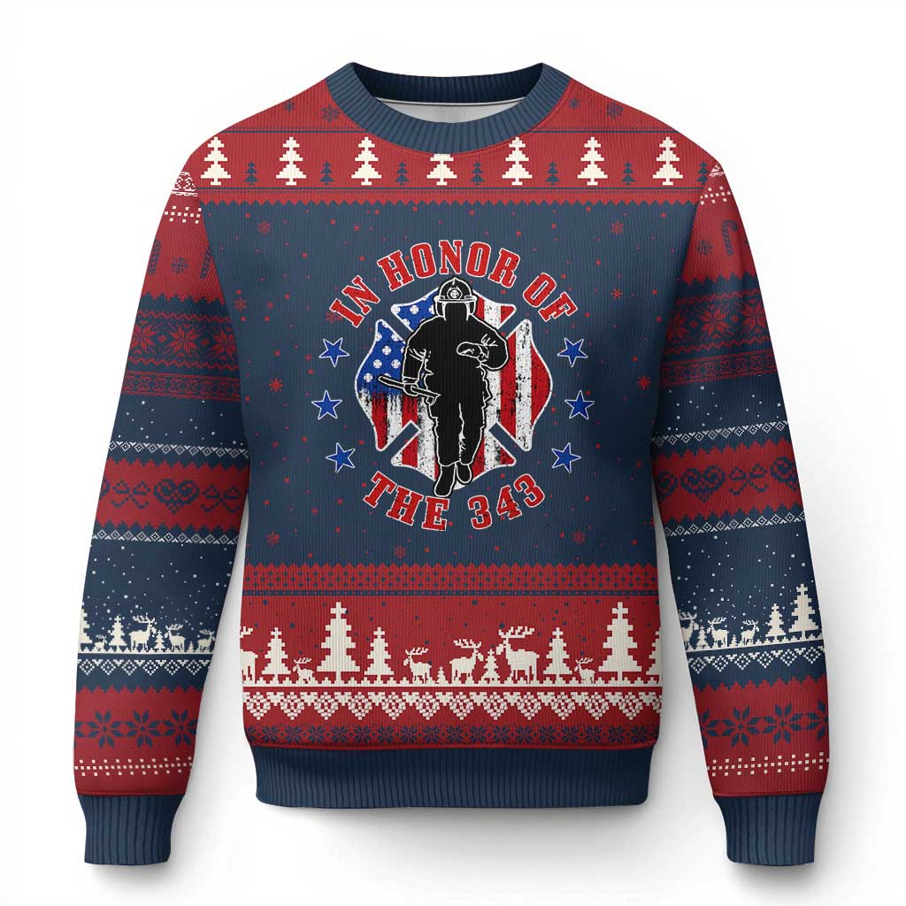 Firefighter Memorial In Honor Of The 343 Maltese Cross Graphic Ugly Christmas Sweater Patriotic 9 11 Memorial Tribute TS02 Navy Red Print Your Wear