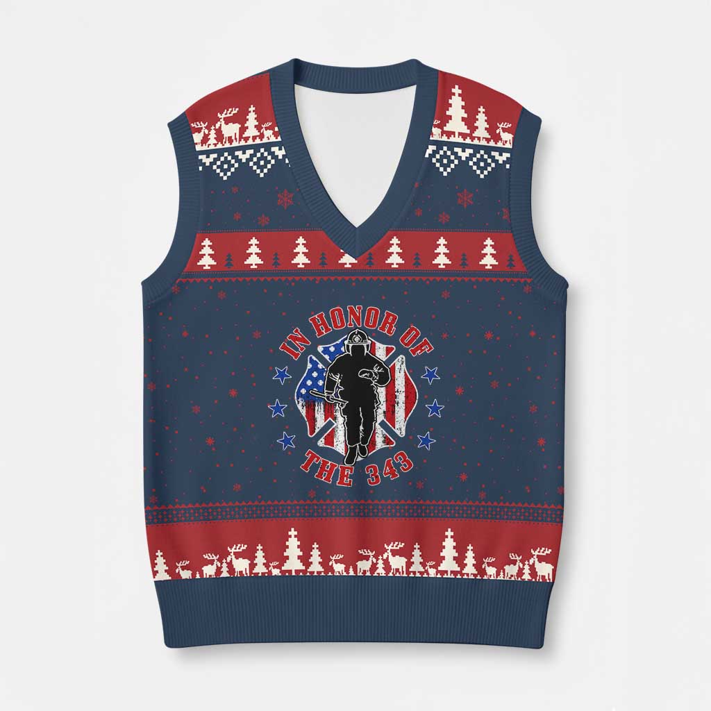 Firefighter Memorial In Honor Of The 343 Maltese Cross Graphic V-Neck Knit Sweater Vest Patriotic 9 11 Memorial Tribute TS02 Navy Red Print Your Wear