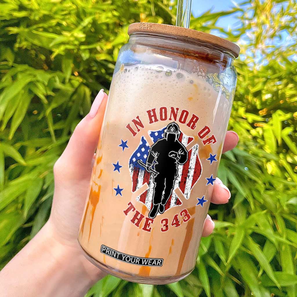 Firefighter Memorial In Honor Of The 343 Maltese Cross Graphic Glass Can Patriotic 9 11 Memorial Tribute TS02 Black Print Your Wear