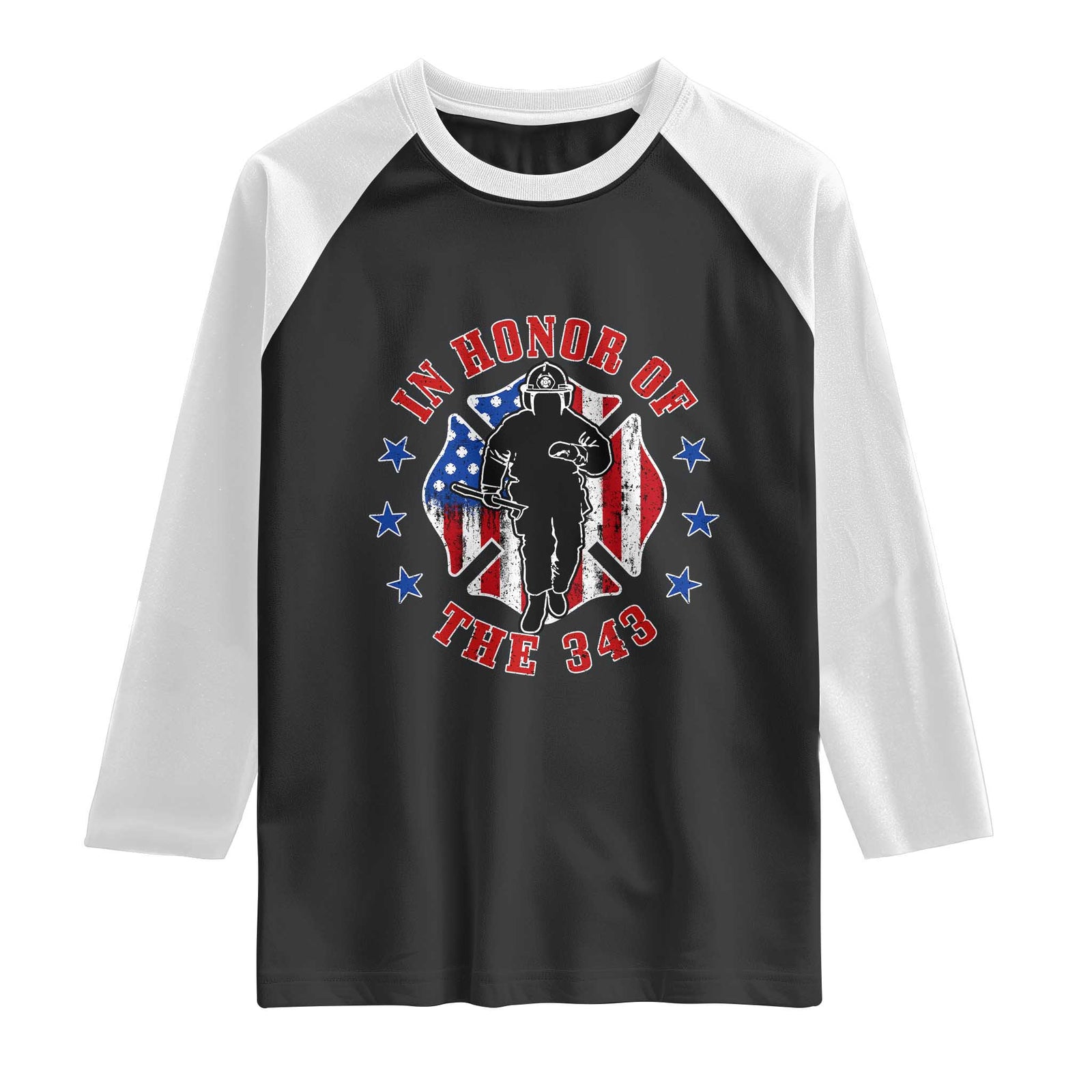 Firefighter Memorial In Honor Of The 343 Maltese Cross Graphic Raglan Shirt Patriotic 9 11 Memorial Tribute TS02 Black White Print Your Wear